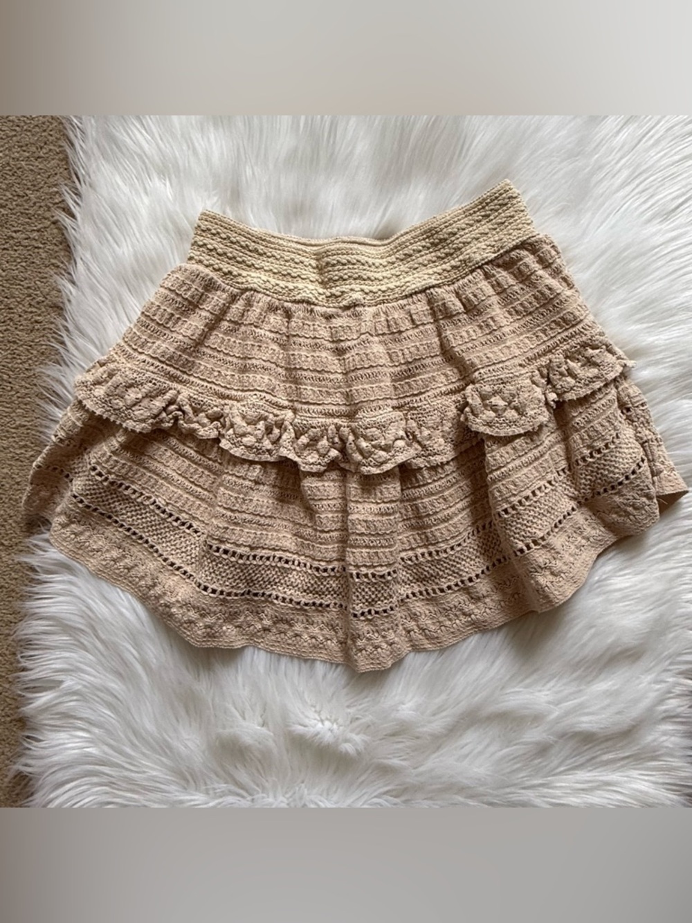 Aerie Crochet Lace Tiered Ruffle Mini Skirt Beige Medium